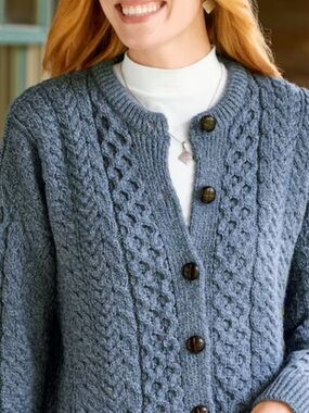 The Irish Store Cable Knit 100% Wool Button Cardigan Sweater - Dusty Blue